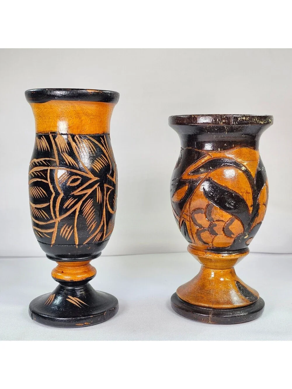 Vintage Hand Carved Wooden Vases Set of 2 Floral Etched Two Tone Black Natural